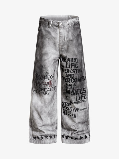 Distressed Dirty Wash Text Graphic Star Trim Straight Leg Pants 