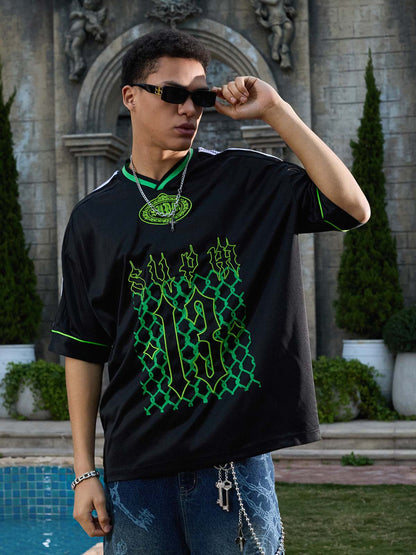 Supermade Color-Blocked V-Neck Embroidered Jersey Short-Sleeved 