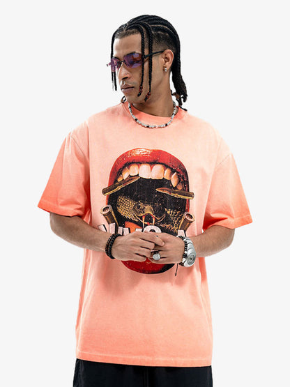 Retro Distressed Snake Scorpion Lips Print T-shirt 
