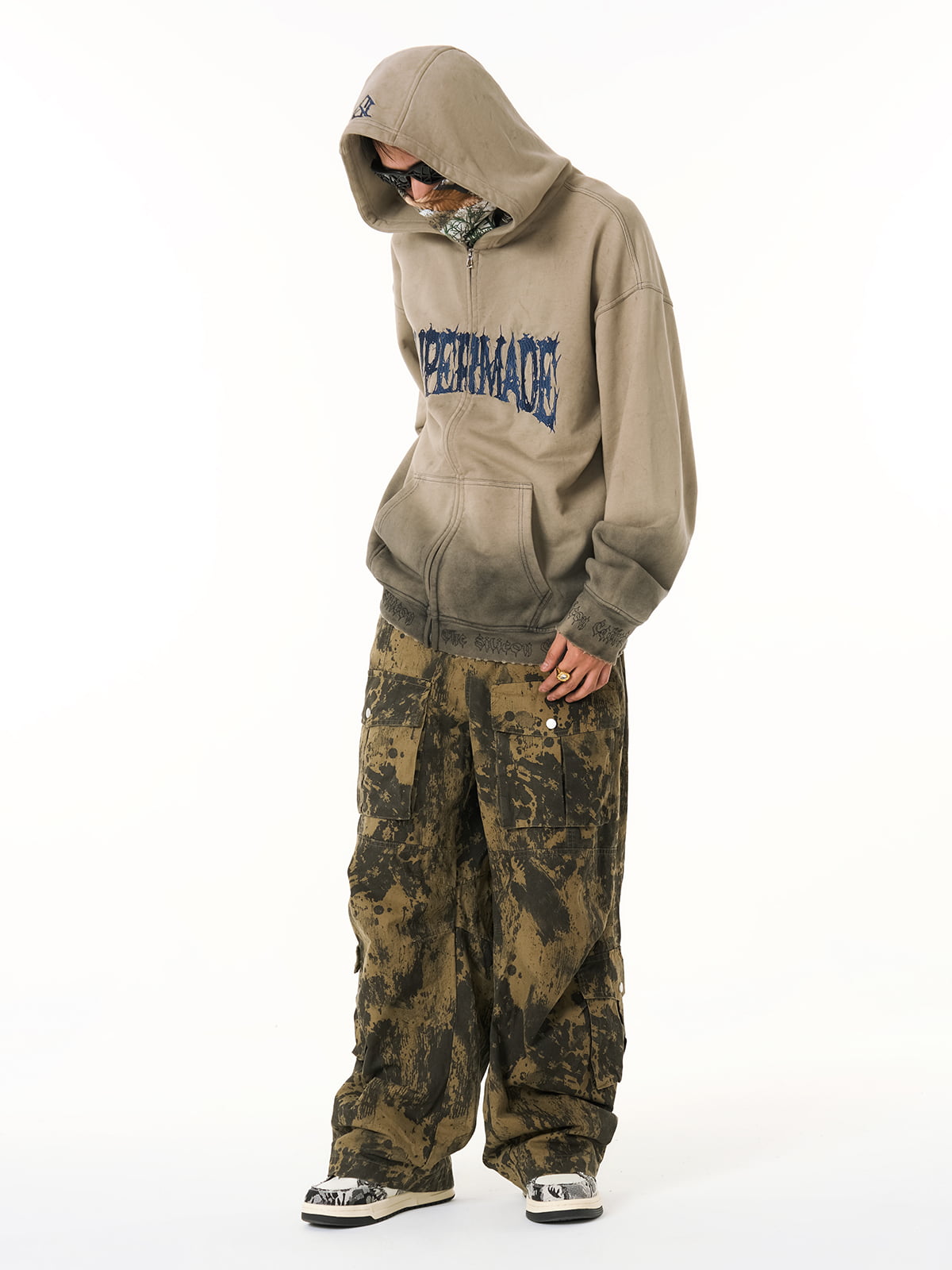 SUPERMADE Embroidered Distressed Spray-Painted Hooded Sweatshirt 