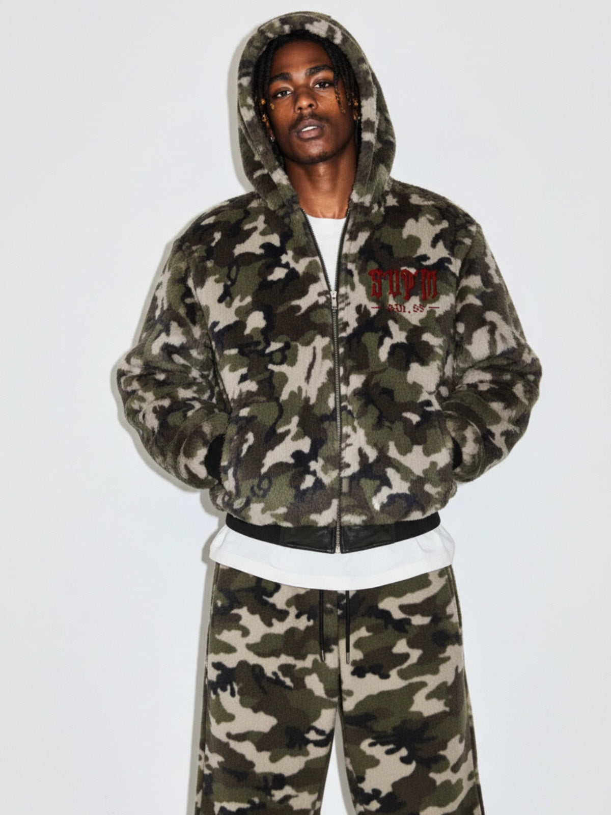 SUPM Letter Embroidery Camouflage Faux Fur Quilted Set