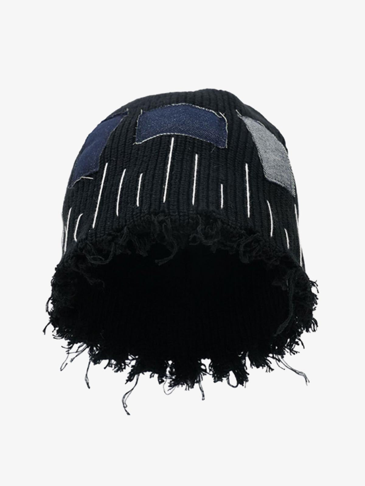 Distressed Denim Patchwork Beanie 