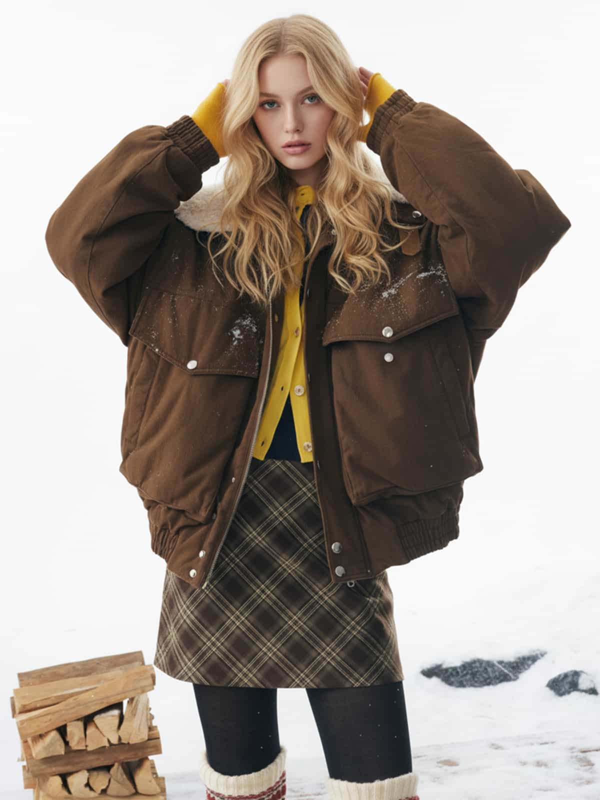 Winter Essential Bomber Jacket with Plaid Skirt Set 