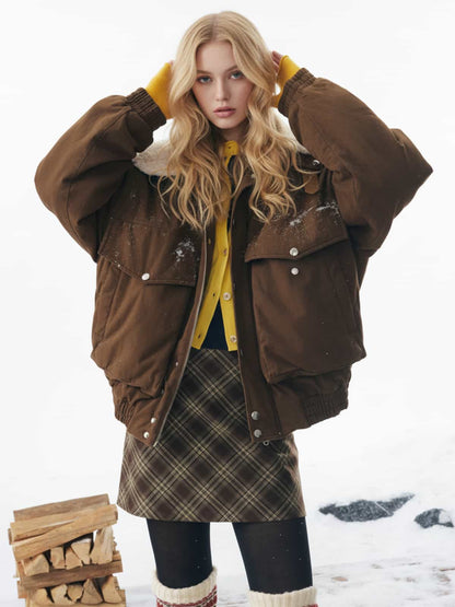 Winter Essential Bomber Jacket with Plaid Skirt Set 