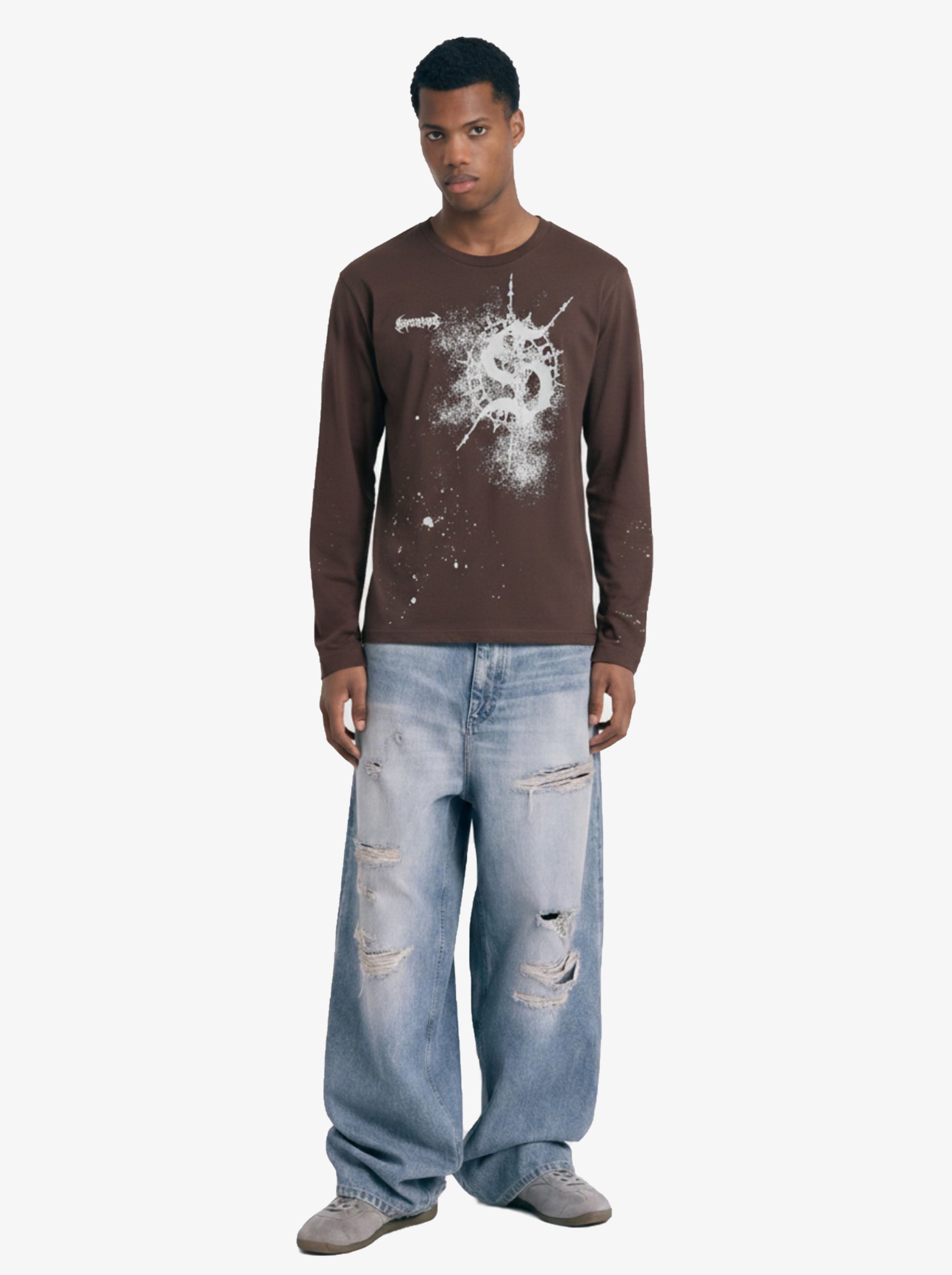 Cotton Washed Slim Fit Long-Sleeve T-Shirt with Splatter Graphic Print and Gothic 3D stereoscopic silicone printing Logo Design 