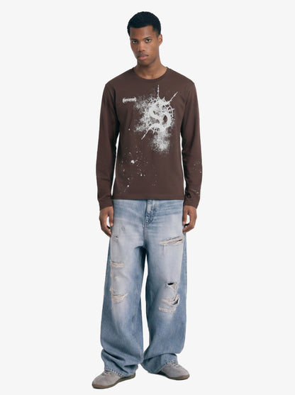 Cotton Washed Slim Fit Long-Sleeve T-Shirt with Splatter Graphic Print and Gothic 3D stereoscopic silicone printing Logo Design 