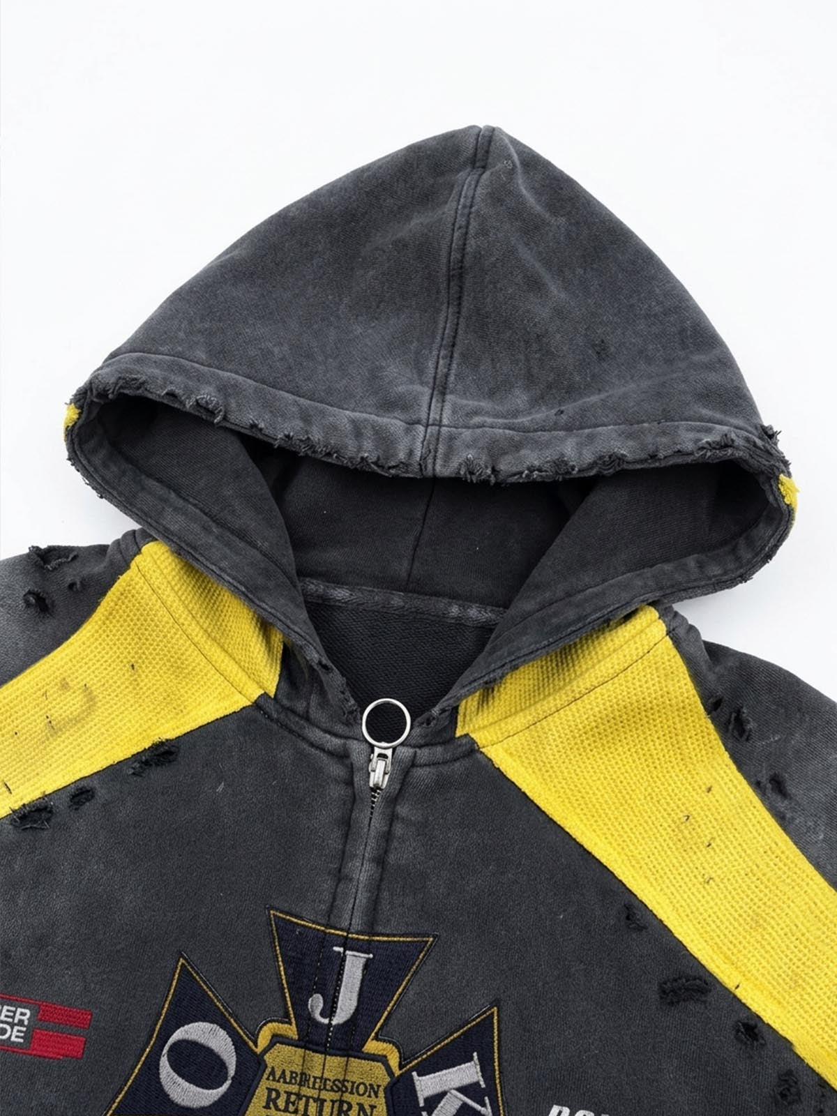 Washed Distressed Color Block Waffle Zip Hoodie