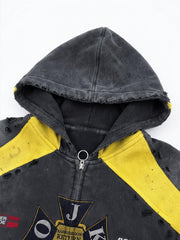Washed Distressed Color Block Waffle Zip Hoodie