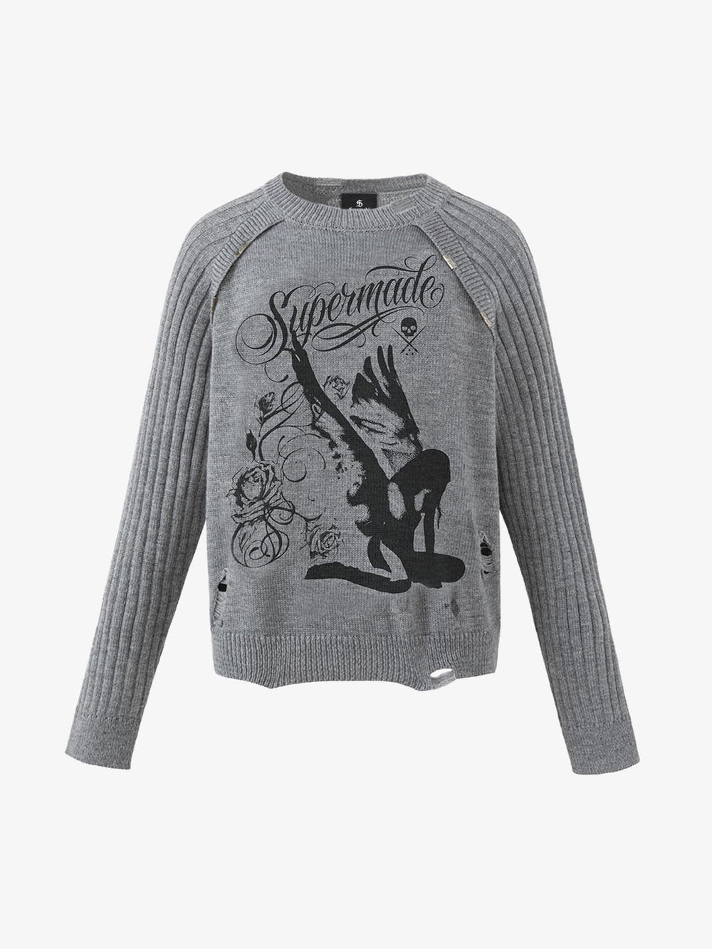 Distressed Ribbed Raglan Knit Sweater