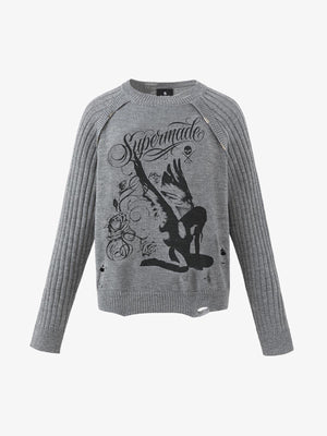Distressed Ribbed Raglan Knit Sweater