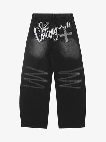 Vintage Embroidered Cross Washed Scimitar Jeans 