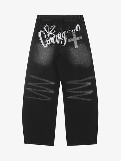 Distressed Black Denim Jeans with Embroidered Design and Cross Patch 