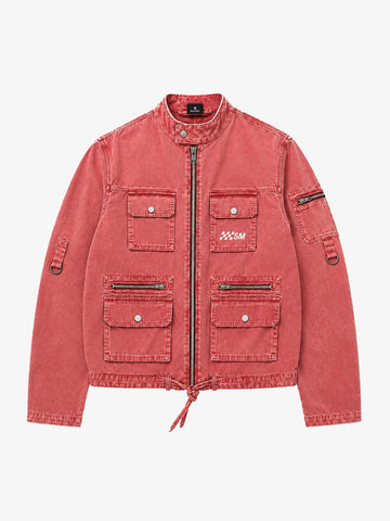 Washed Multi-Pocket Cropped Boxy Biker Jacket