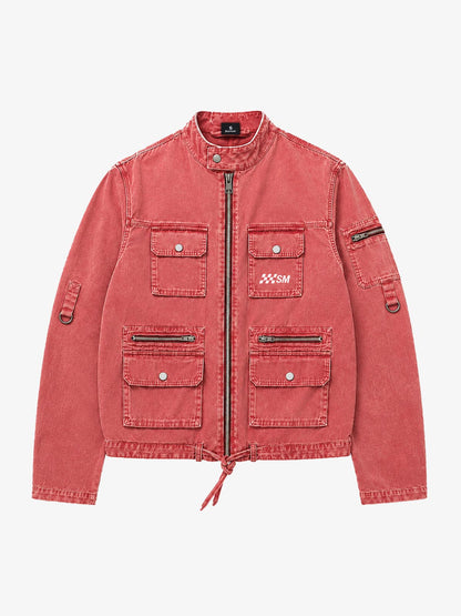 Washed Multi-Pocket Cropped Boxy Biker Jacket