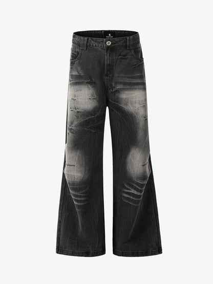 Vintage Washed Distressed Flared Jeans 