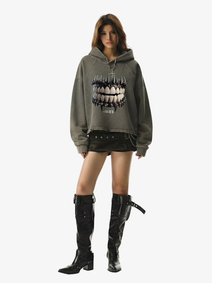 Thesupermade American Retro Dark Teeth Print Distressed Cropped Hoodie 