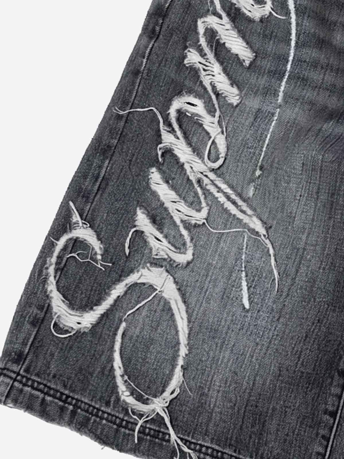 Ripped Letter Wide-Leg Denim Shorts