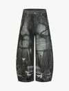 Black Printed Denim Wide-Leg Pants with Gothic Art Design for Men and Women 