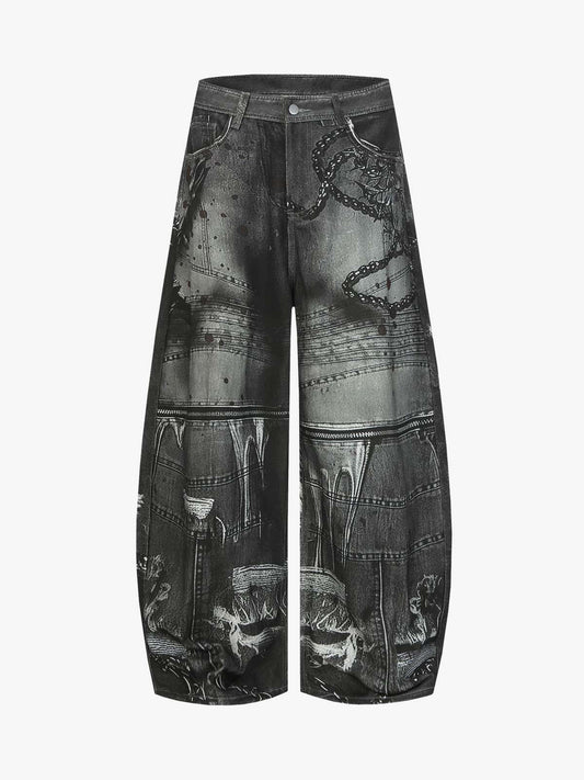 Black Printed Denim Wide-Leg Pants with Gothic Art Design for Men and Women 