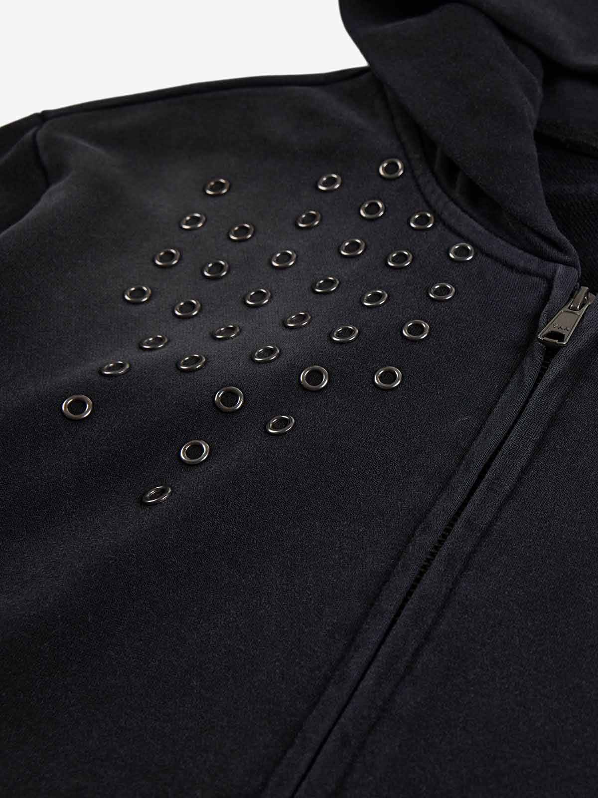 Distressed Grommet Cross Pattern Zip-Up Hoodie