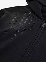 Distressed Grommet Cross Pattern Zip-Up Hoodie