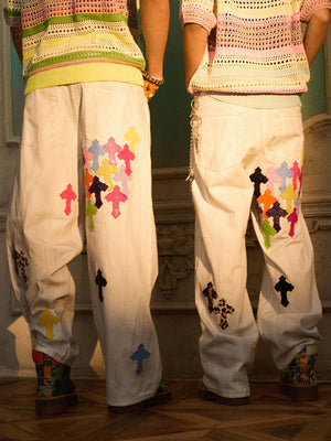 Denim Wide Leg Cropped Pants with White Stripe Design High Waist Fashion Trousers for Women 