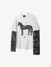 Cotton Blend Oversized Graphic Tee with Leopard Horse Print and Camo Layered Sleeves 