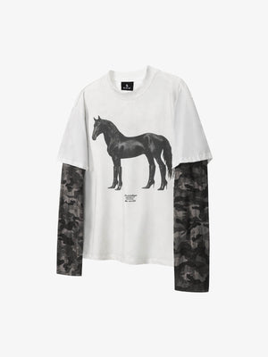 Cotton Blend Oversized Graphic Tee with Leopard Horse Print and Camo Layered Sleeves 