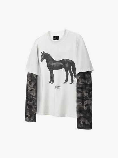 Cotton Blend Oversized Graphic Tee with Leopard Horse Print and Camo Layered Sleeves 