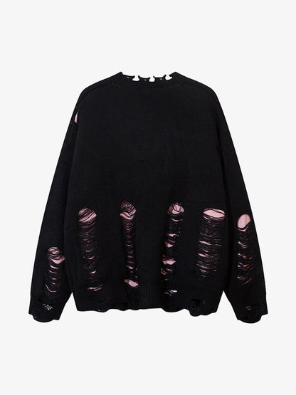 Irregular Neck Hole Hollow Knit Raw Edge Sweater 