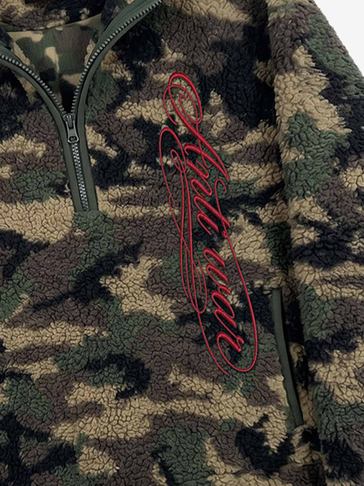 Letter Embroidered Camo Fleece Pullover Jacket