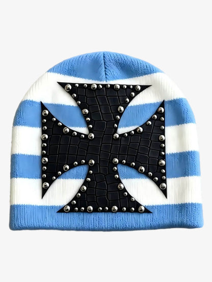 Color Block Studded Cross Gothic Dome Knit Hat