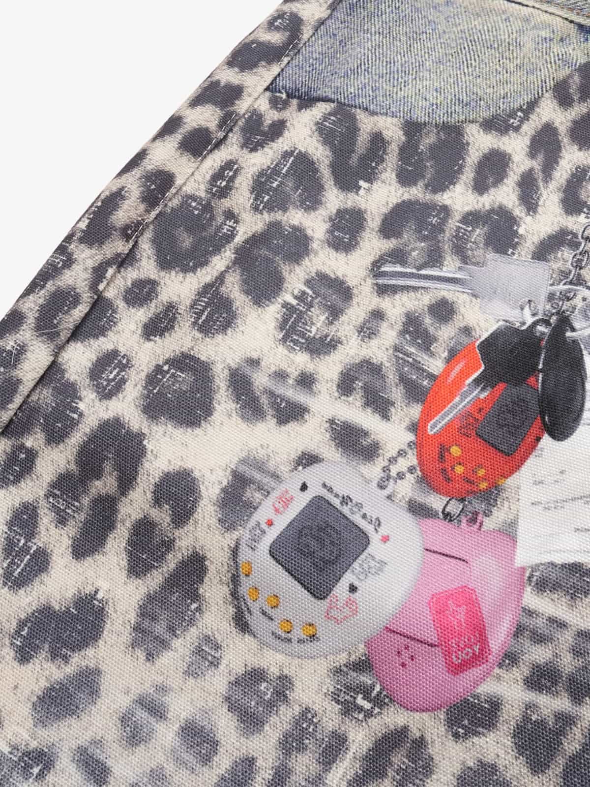 Vintage Leopard 3D Print Double Waistband Washed Jeans 