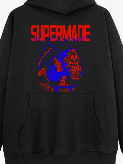 Black Hoodie with Skull and Pumpkin Design 