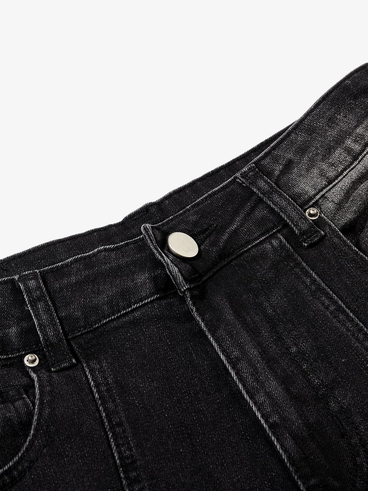 Black Denim Wide-Leg Jeans with Asymmetric Stitching and Button Details 