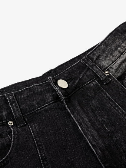 Black Denim Wide-Leg Jeans with Asymmetric Stitching and Button Details 