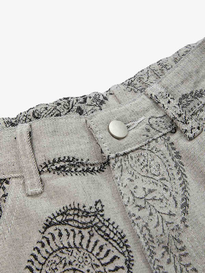 Linen Printed Wide-Leg Pants with Paisley Pattern High-Waisted Comfortable Trousers for Women 