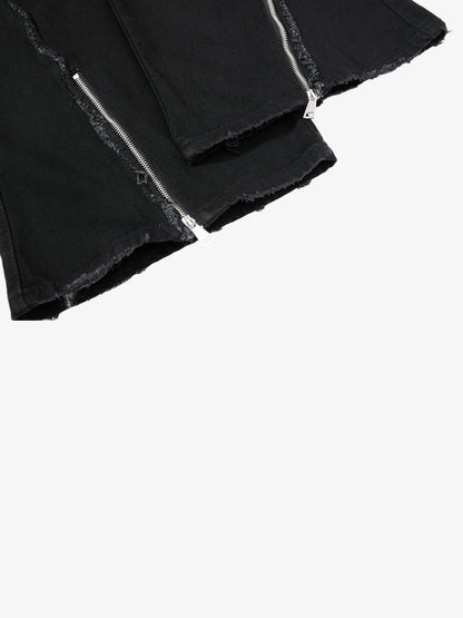 Deconstructed Zipper-Spliced Whiskered Raw-Hem Jeans
