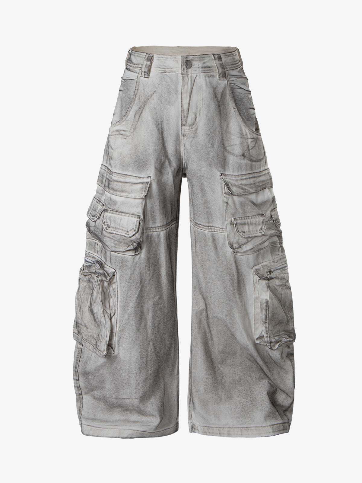 Washed Multi-Pocket Wide-Leg Cargo Jeans
