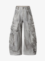 Washed Multi-Pocket Wide-Leg Cargo Jeans