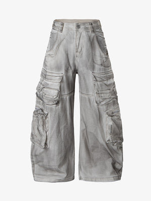 Washed Multi-Pocket Wide-Leg Cargo Jeans