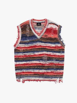 Frayed Edge Striped V Neck Knit Vest