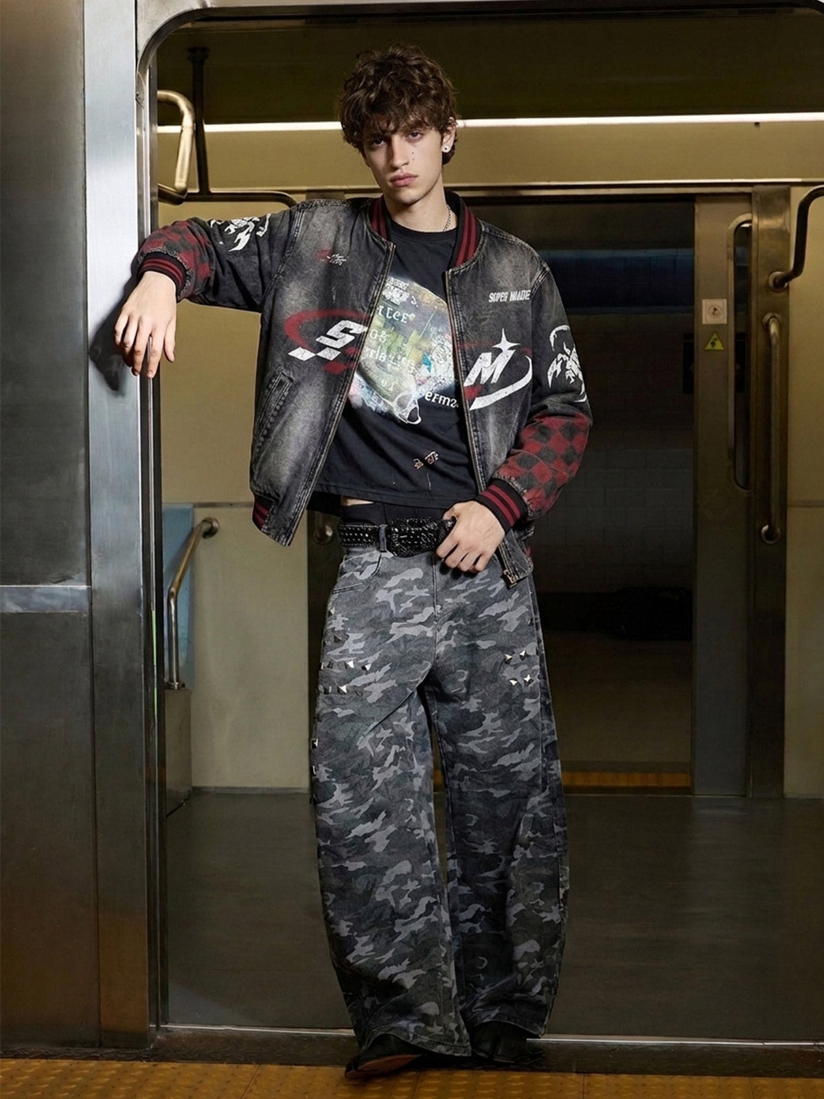 Washed Denim Racing Graphic Print Varsity Jacket