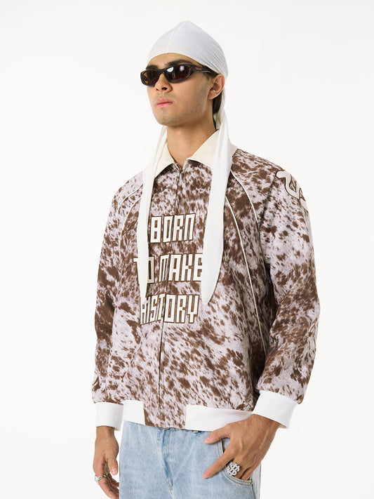 “Born to Make History” Slogan Embroidered Snow Leopard Fleece Jacket 