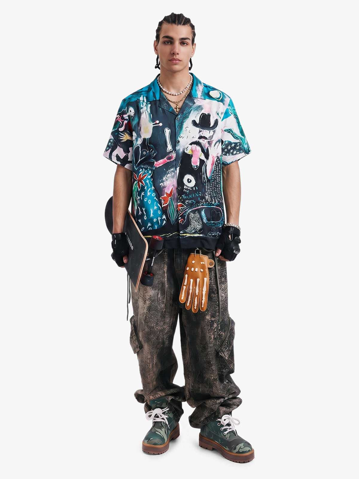 Blue Abstract Oil Painting Camp Collar Boxy Shirt 
