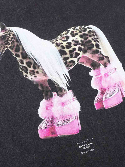 Cotton Blend Oversized Graphic Tee with Leopard Horse Print and Camo Layered Sleeves 