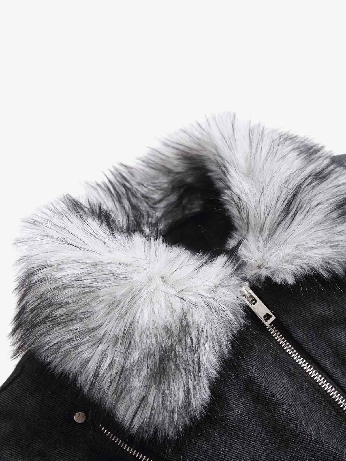 Fur Collar Moto-Style Zip Up Bomber Jacket 