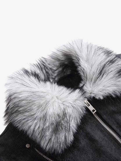 Fur Collar Moto-Style Zip Up Bomber Jacket 