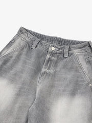 Retro Washed Distressed Curved Blade Wide-Leg Jeans 