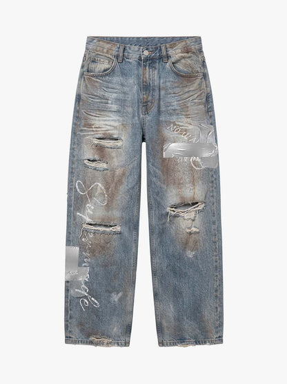 Foil-Tape Distressed Ripped Heavyweight Jeans
